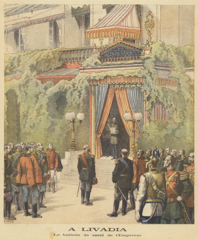 Leser den siste bulletinen om tsarens helse på Livadia-palasset av after Henri Meyer