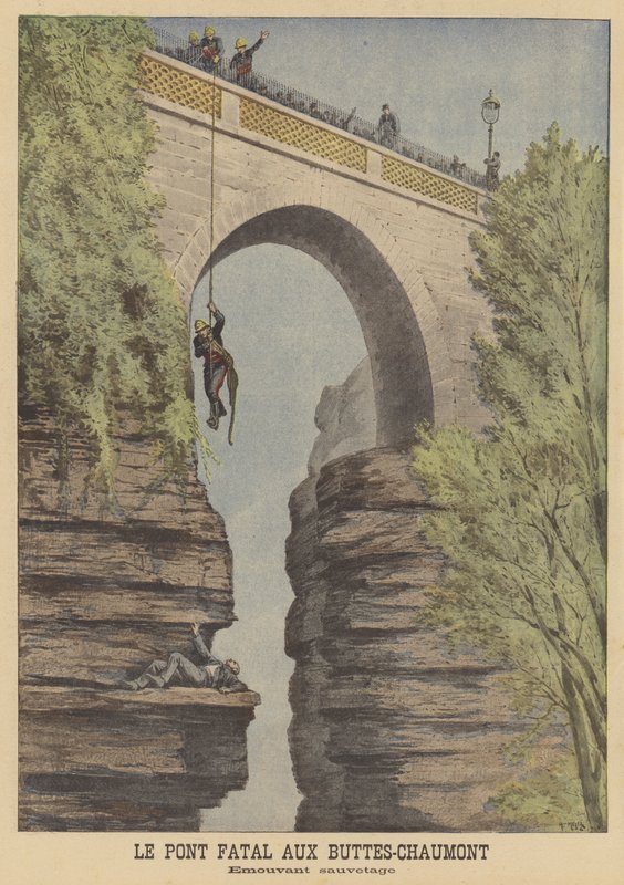 Redning av et selvmordsforsøk ved broen i Parc des Buttes-Chaumont, Paris av after Henri Meyer