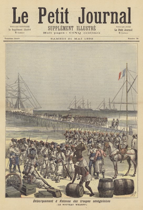 Senegalesiske tropper går i land ved den nye bryggen i Cotonou, Dahomey av after Henri Meyer