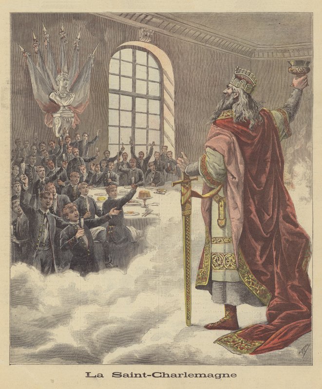 Studenter ved universitetet i Paris skåler for Charlemagne av after Henri Meyer