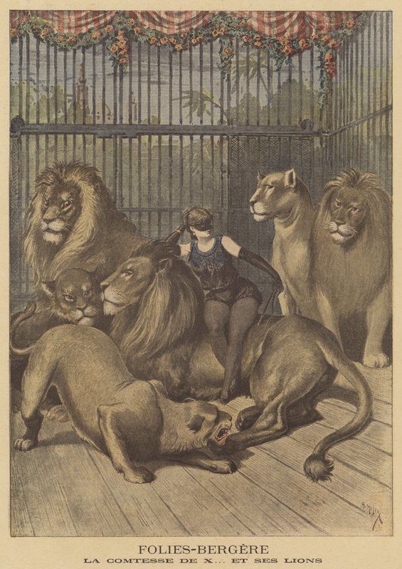 Grevinnen av X og løvene hennes ved Folies-Bergere av after Henri Meyer