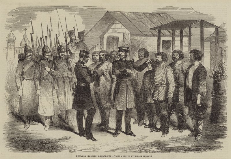 Tegning av russiske vernepliktige av after Horace Vernet
