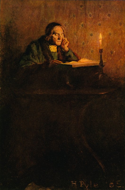En ryddig og skrumpet herre satt ved et skrivebord av after Howard Pyle