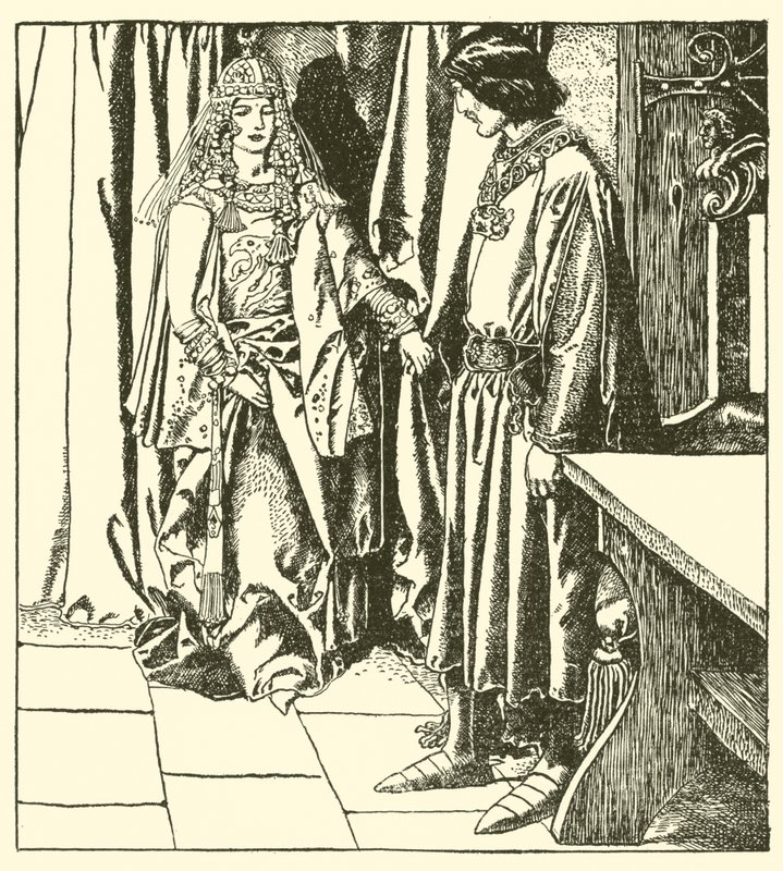 Dronning Morgana dukker opp for Sir Launcelot av after Howard Pyle