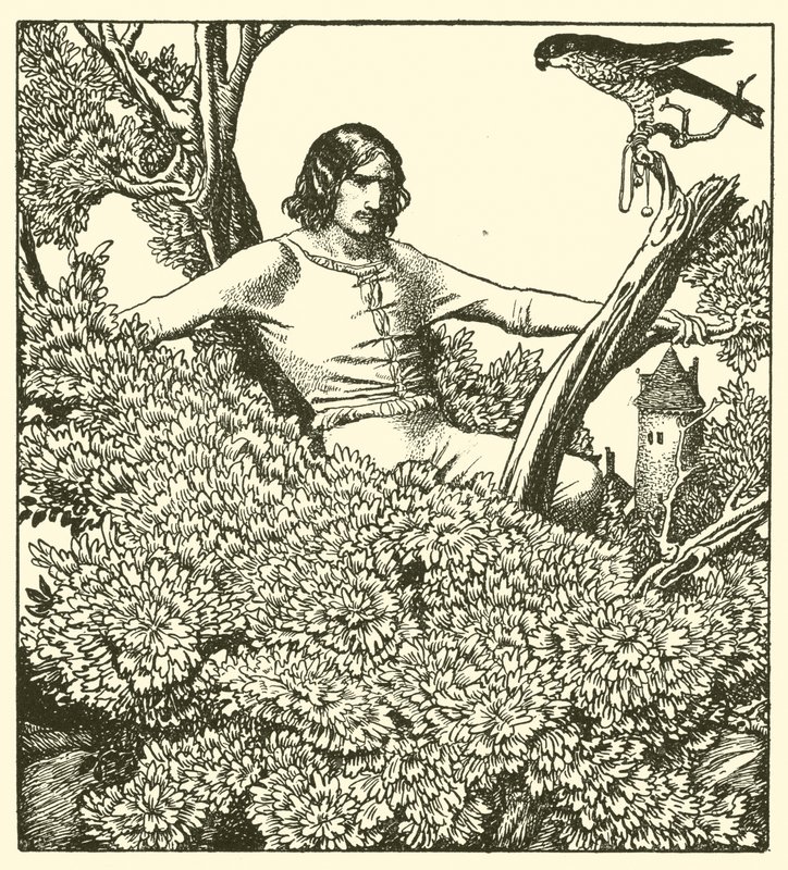 Sir Launcelot klatrer for å fange kvinnefalken av after Howard Pyle