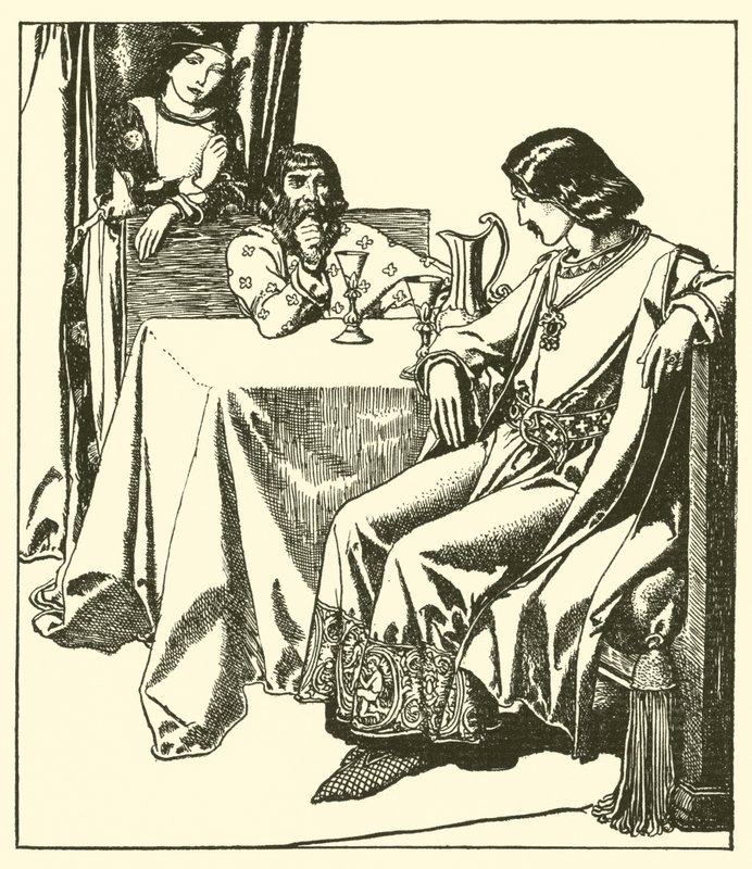 Sir Launcelot sitter sammen med Sir Hilaire og Croisette av after Howard Pyle