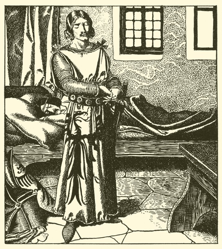 Sir Launcelot tar rustningen til Sir Kay av after Howard Pyle