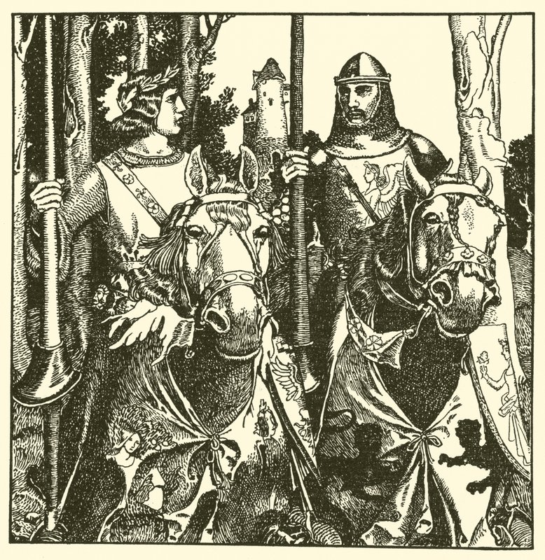 Sir Percival og Sir Lamorack rir sammen av after Howard Pyle