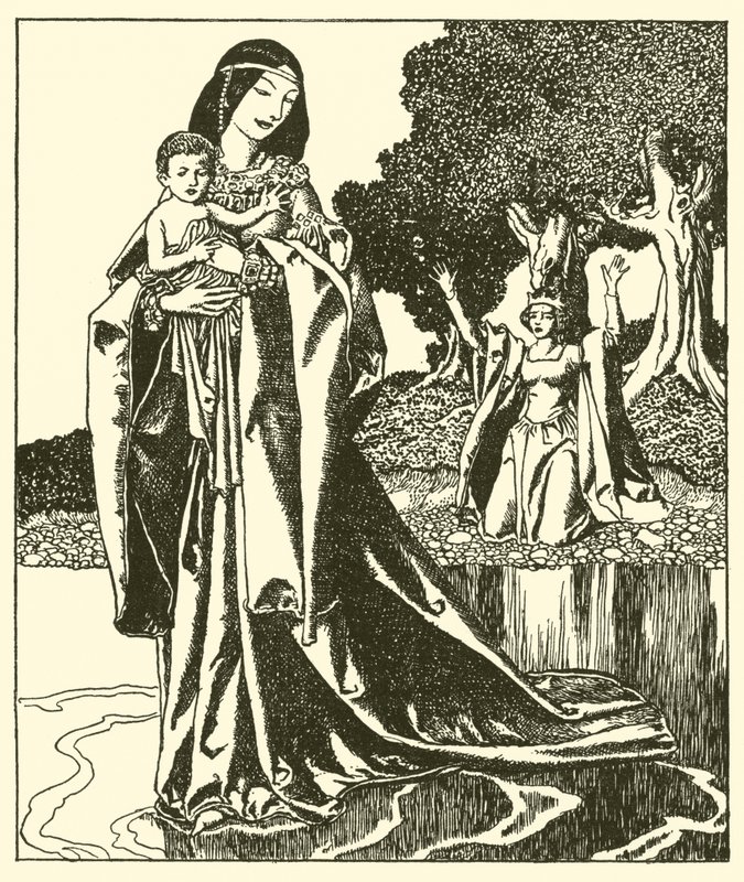Lady Nymue bærer bort Launcelot inn i innsjøen av after Howard Pyle