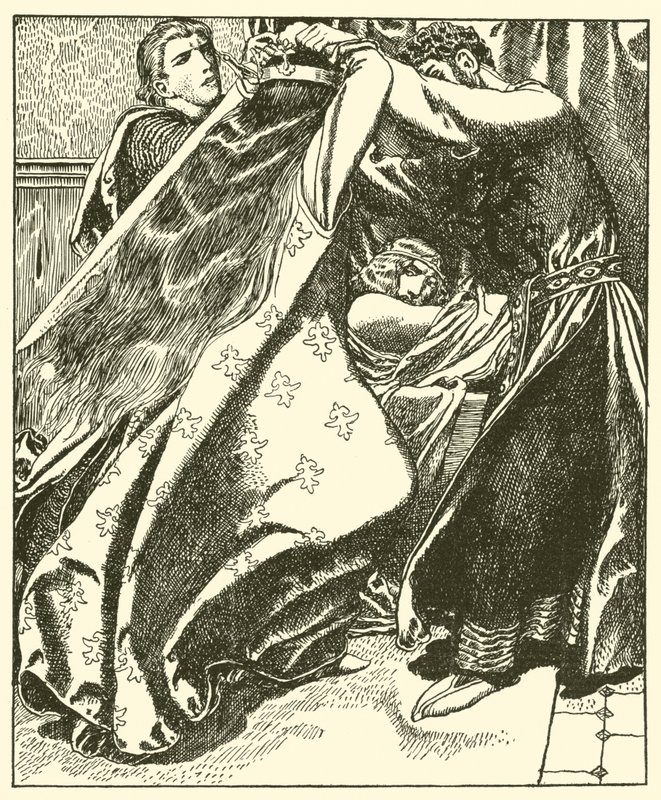 Dronningen av Irland søker å drepe Sir Tristram av after Howard Pyle