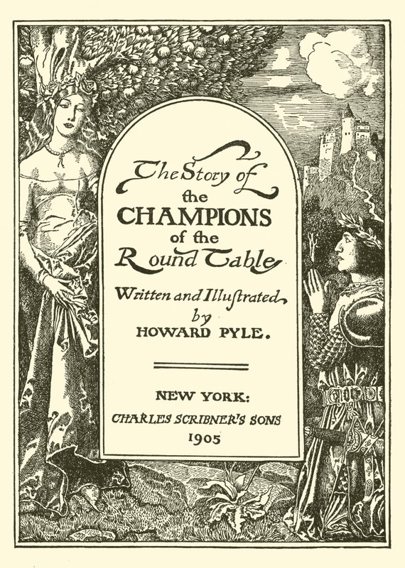 Tittelside til historien om Mesterne ved det runde bord av after Howard Pyle