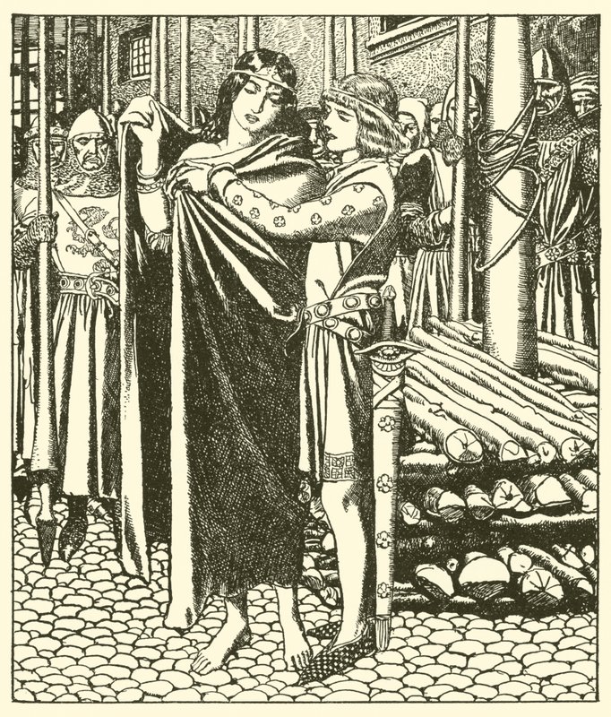 Tristram hjelper Lady Moeya av after Howard Pyle