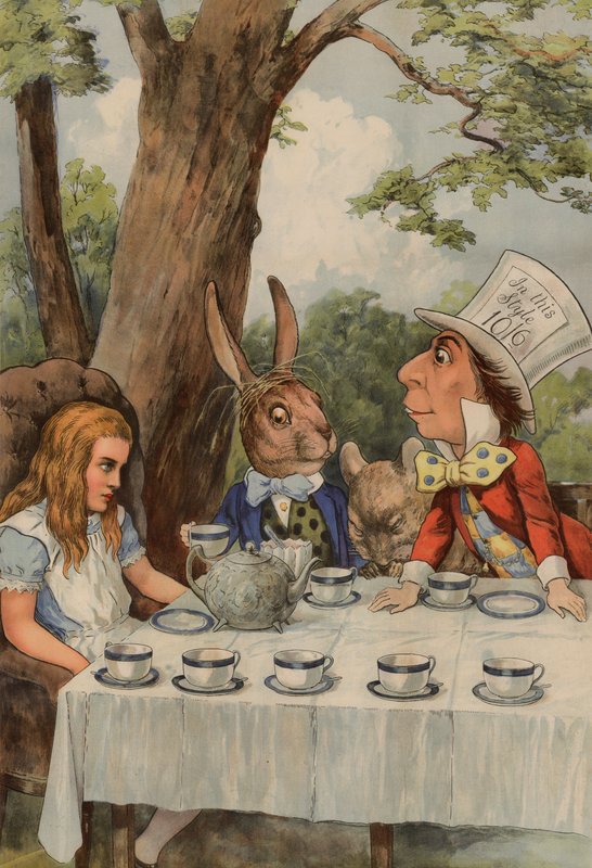 Plakat som viser The Mad Hatters Tea Party fra Alice In Wonderland av after John Tenniel