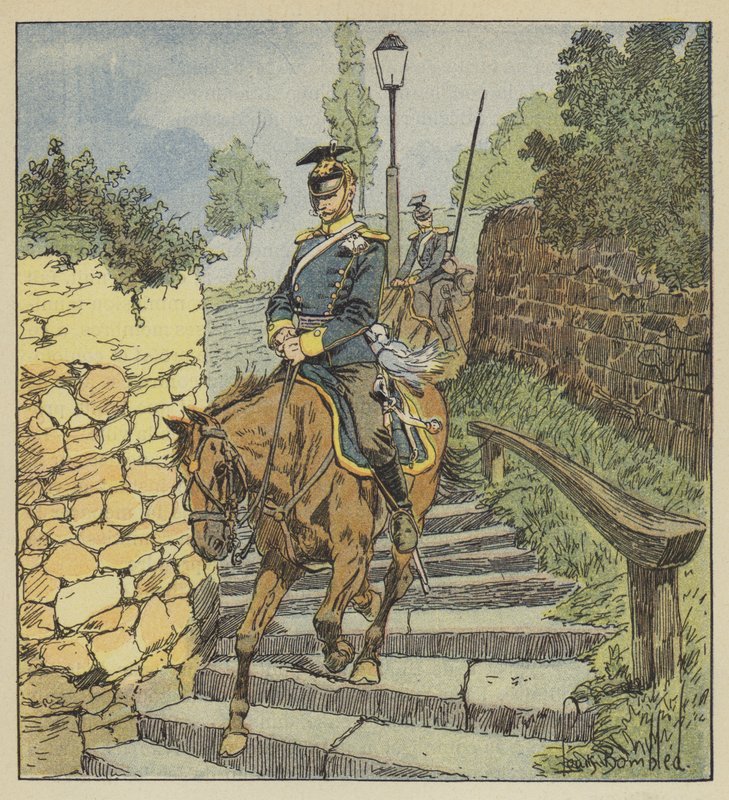 Ved Chateaudun stiger to forfulgte uhlaner ned på hesteryggen steintrappen med 200 trinn av after Louis Charles Bombled