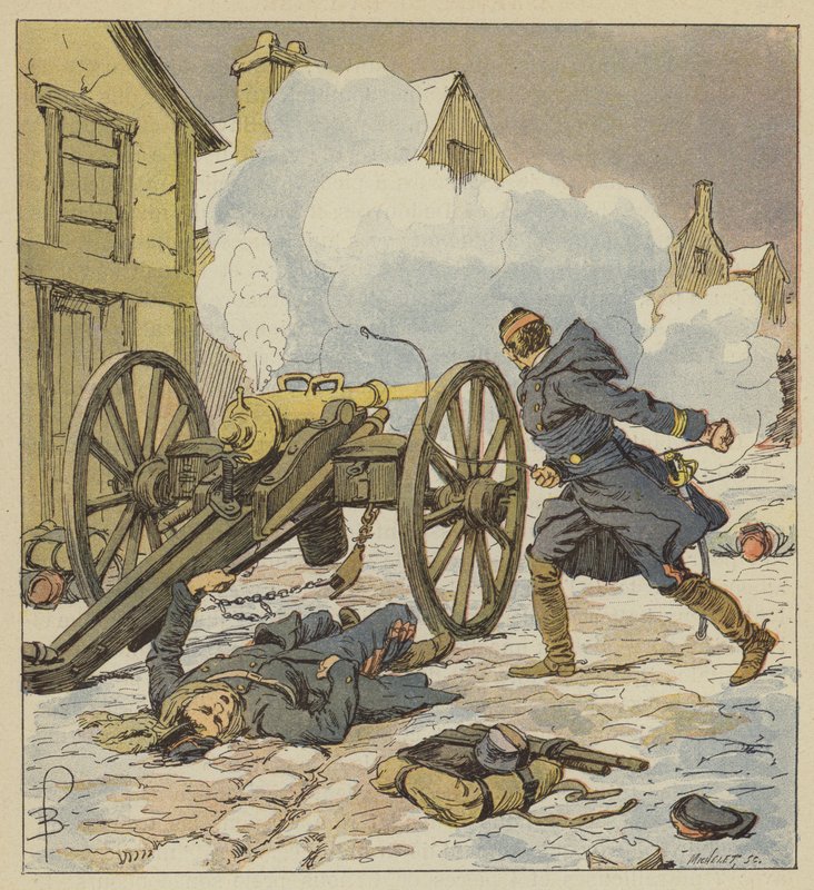 Ved Parigne støttet en artillerikaptein retretten ved å laste og avfyre ​​sin siste pistol selv. av after Louis Charles Bombled