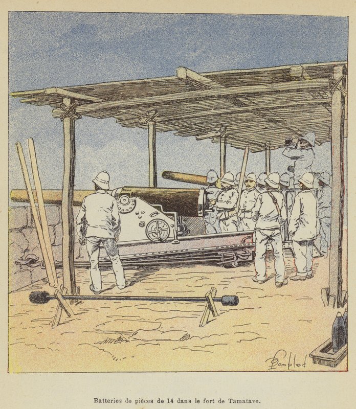 Batterier på 14 stykker i fortet Tamatave av after Louis Charles Bombled