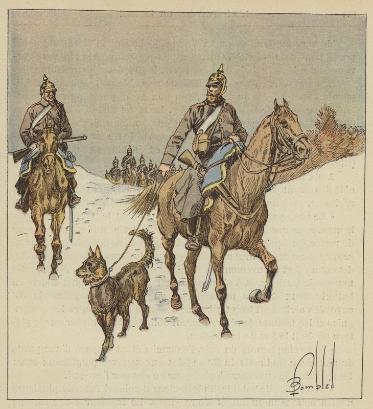 Preussiske ryttere i rekognosering, innledet av hunder holdt i bånd av after Louis Charles Bombled