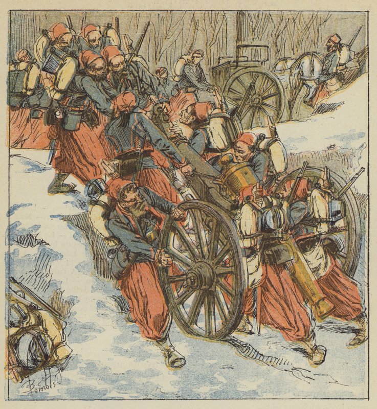 I kamp av Chilleurs-aux-Bois trekker Zouaves to stykker av 12 fra en grop, under ilden til prøysserne av after Louis Charles Bombled