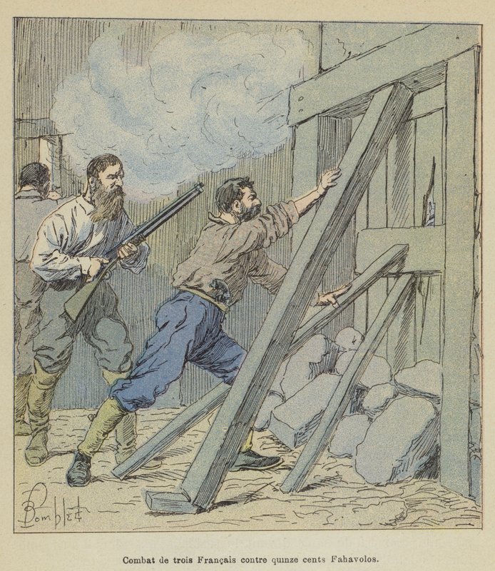 Kamp av tre franskmenn mot femten hundre Fahavolos av after Louis Charles Bombled
