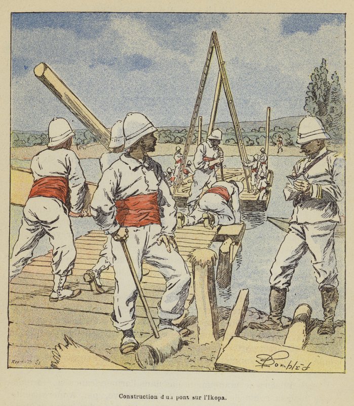 Bygging av dun pont sur lIkopa av after Louis Charles Bombled