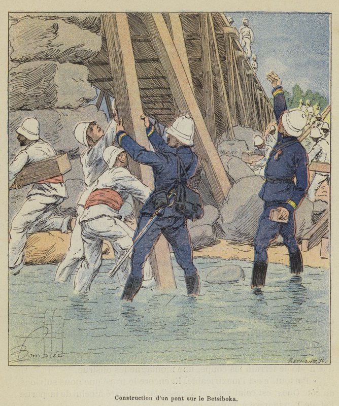 Bygging av en bro på Betsiboka av after Louis Charles Bombled