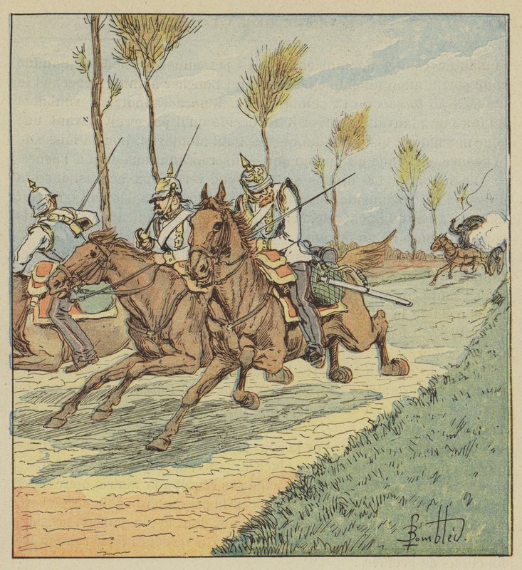 Prøyssiske kyrassere forfulgt av franc-tireurs av after Louis Charles Bombled
