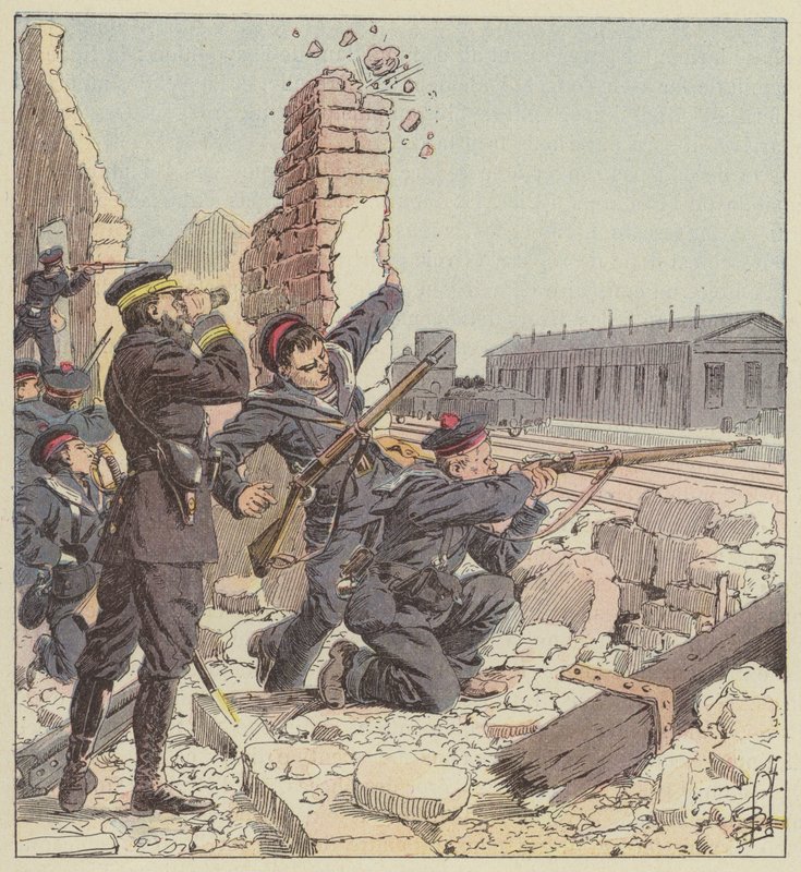 Forsvar av Tien-Tsin-stasjonen av marinesoldater av after Louis Charles Bombled