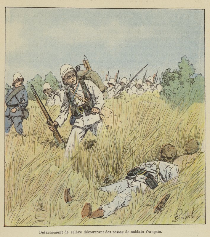 Hjelpeavdeling som oppdager restene av franske soldater av after Louis Charles Bombled