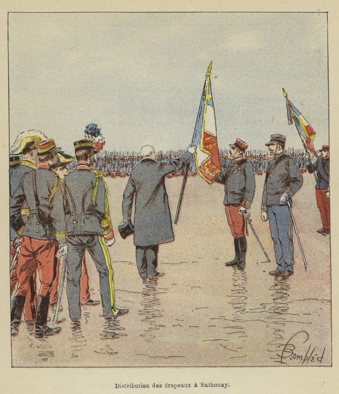 Utdeling av flagg i Sathonay av after Louis Charles Bombled