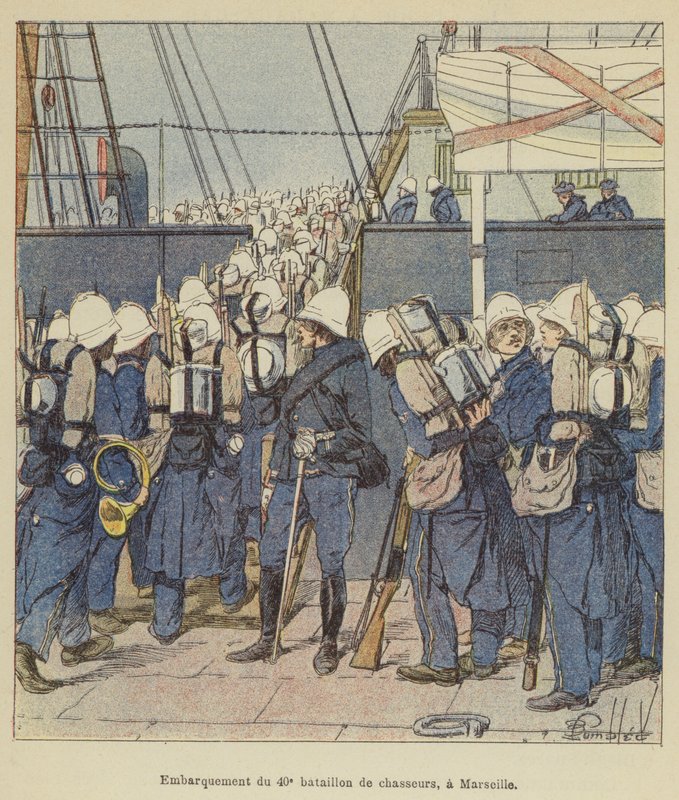 Ombordstigning av den 40. bataljonen av chasseurs, i Marseilles av after Louis Charles Bombled