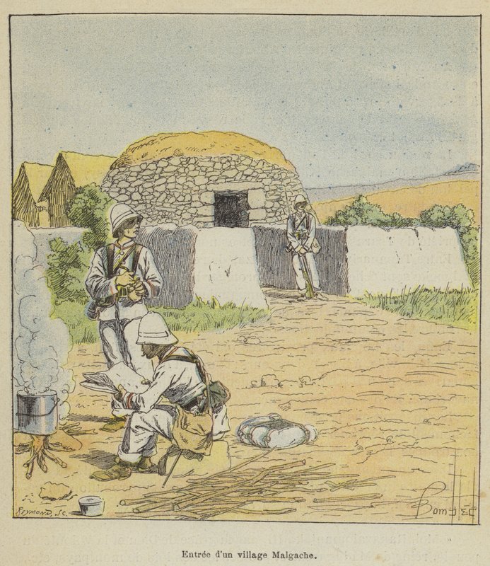 Inngangen til en madagaskisk landsby av after Louis Charles Bombled