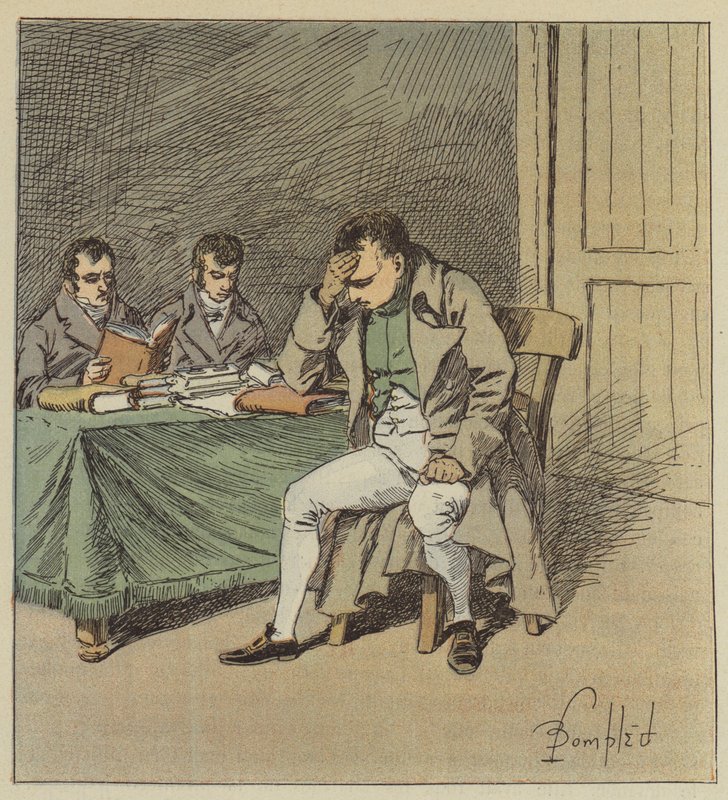 Og Napoleon var stille i noen øyeblikk, og hodet hvilte på den ene hånden hans. av after Louis Charles Bombled