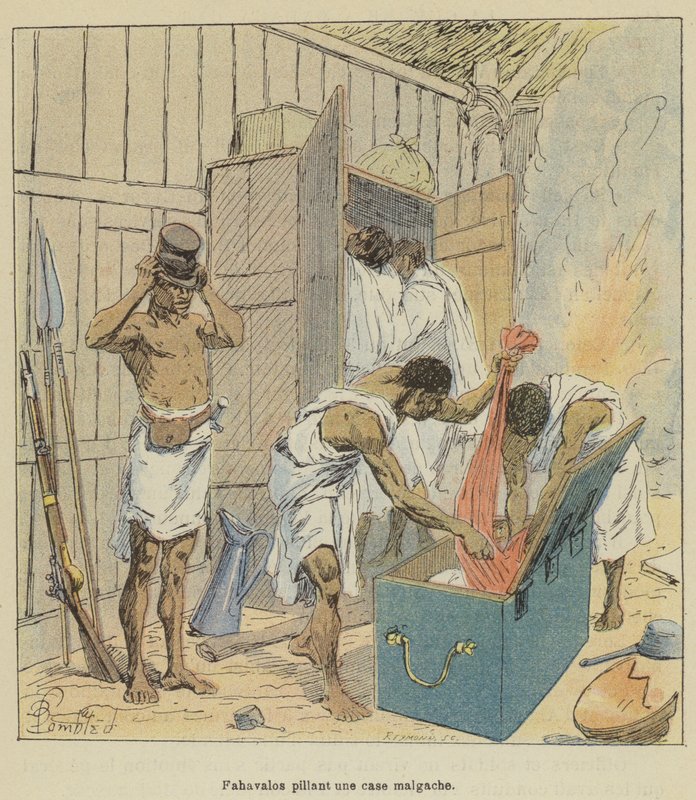 Fahavalos kaster en madagaskisk boks av after Louis Charles Bombled