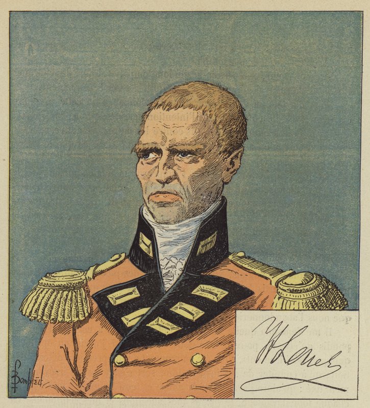 Hudson Lowe fra en tegning i Bibliotheque Nationale, Lowes signatur av after Louis Charles Bombled