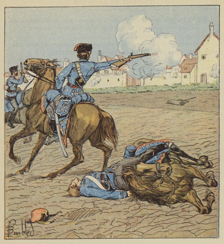 Preussiske husarer angriper en landsby av after Louis Charles Bombled