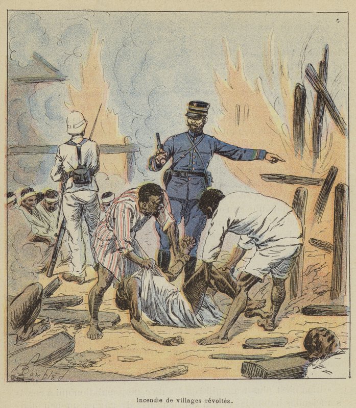 Brenning av opprørte landsbyer av after Louis Charles Bombled