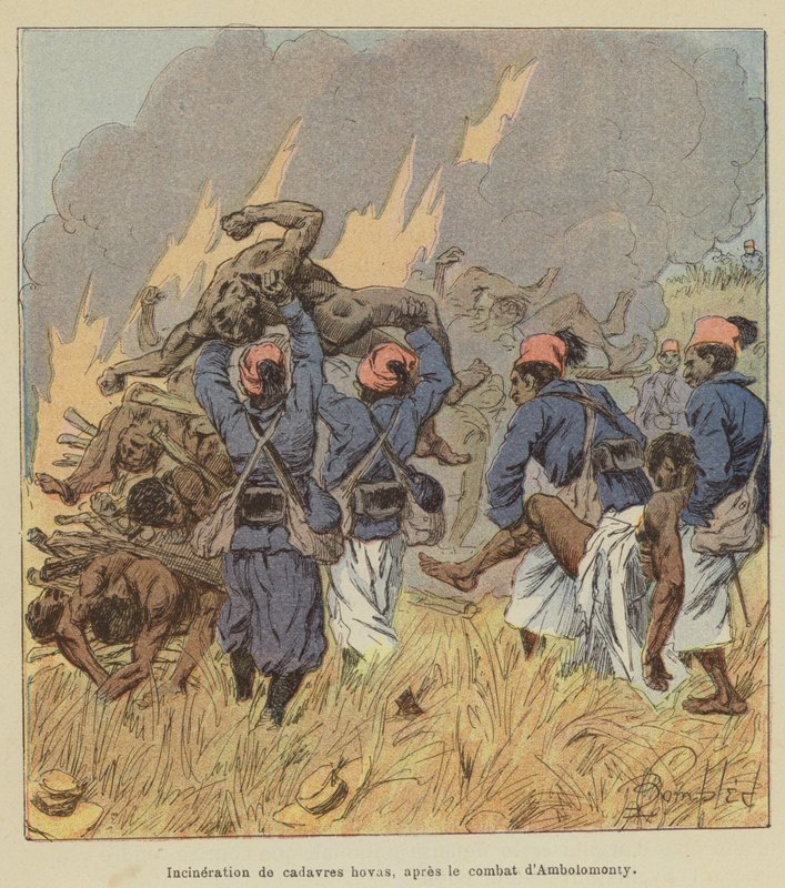 Kremasjon av Hova-lik, etter slaget ved Ambolomonty av after Louis Charles Bombled