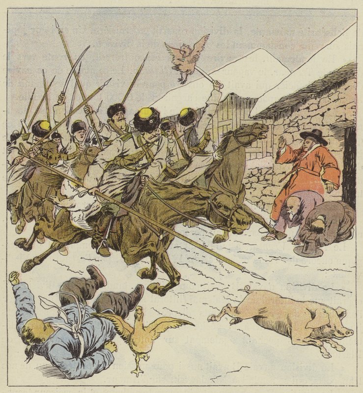Utbrudd av kosakker i en landsby av after Louis Charles Bombled