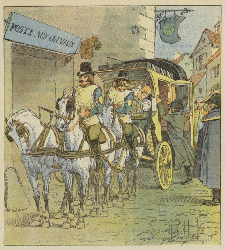 Keiseren setter seg inn i Marie-Louises bil av after Louis Charles Bombled
