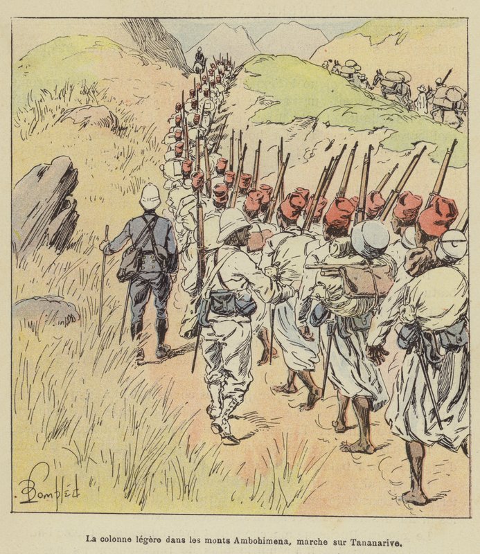 Lyssøylen i Ambohimena-fjellene, marsjerer på Tananarive av after Louis Charles Bombled