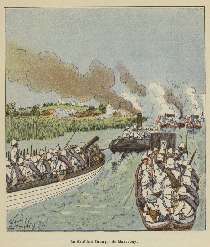 Flotiljen angriper Marovoay av after Louis Charles Bombled