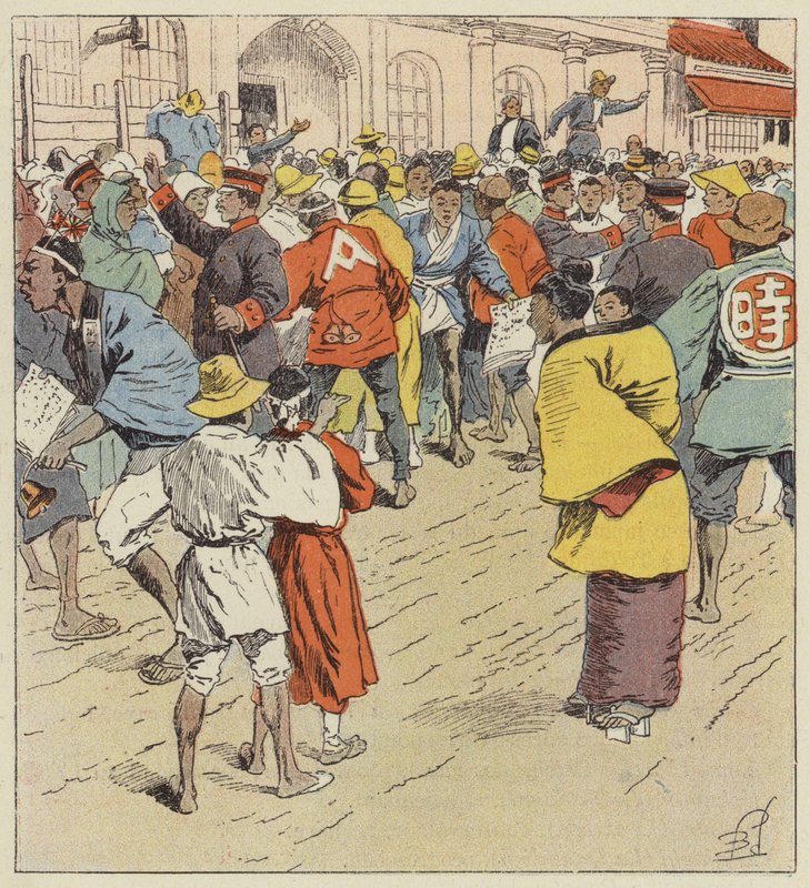 Publikum venter på nyheter om krigen foran Figi-Humpo av after Louis Charles Bombled