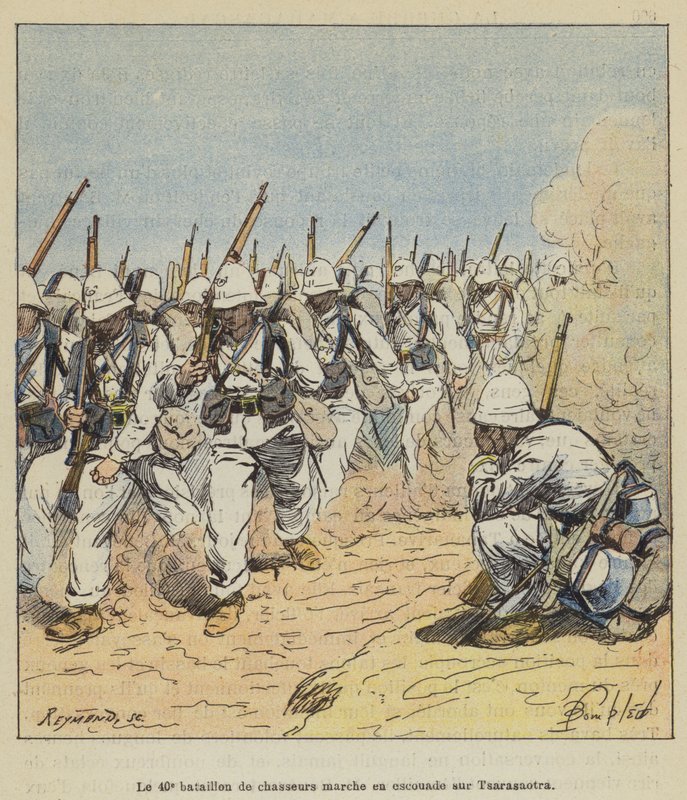 Den 40. bataljonen av chasseurs marsjerer i tropp på Tsarasaotra av after Louis Charles Bombled
