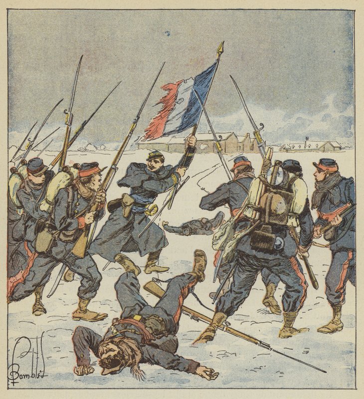 Kaptein Couturie, fra Mobiles of Sarthe, lanserer, med flagget i hånden, til angrepet av Mee av after Louis Charles Bombled