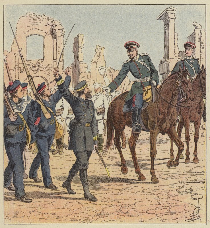 Kaptein de Marolles og general Stessel av after Louis Charles Bombled
