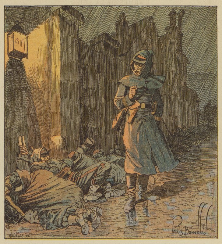 Oberst de Bourgoing streifer rundt i gatene i Cerdon hvor soldatene hans sover i regnet av after Louis Charles Bombled