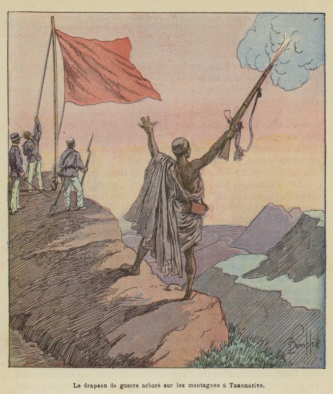 Krigsflagget vaier over fjellene i Tananarive av after Louis Charles Bombled