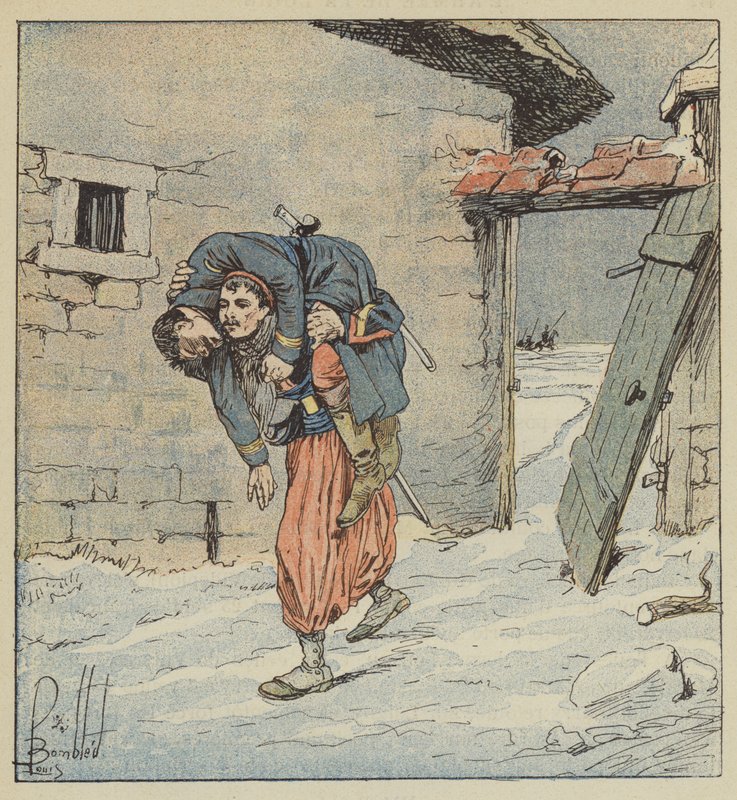 Kvartermesteren Colonna, fra 2nd Zouaves, redder sin sårede kaptein fra fiendens hender av after Louis Charles Bombled