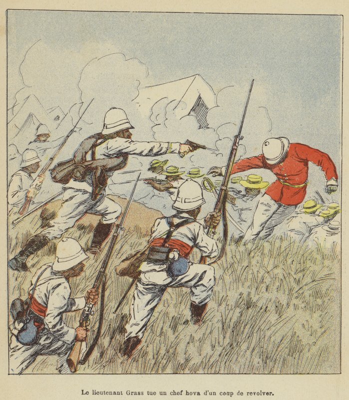 Løytnant Grass dreper en Hova-leder med et revolverskudd av after Louis Charles Bombled