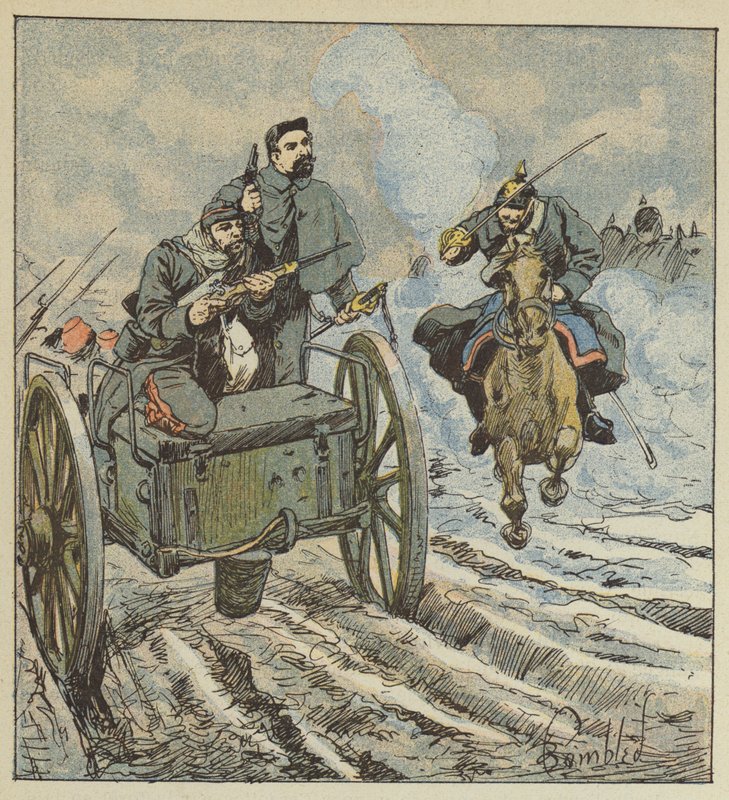 Sersjanten Dufresne forsvarer seg med revolverskudd mot de prøyssiske ryttere av after Louis Charles Bombled